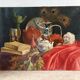 Still life with teapot and peacock feathers, oil on canvas signed