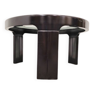1970s black coffee table in mid-century modern style with a smoked glass top.
