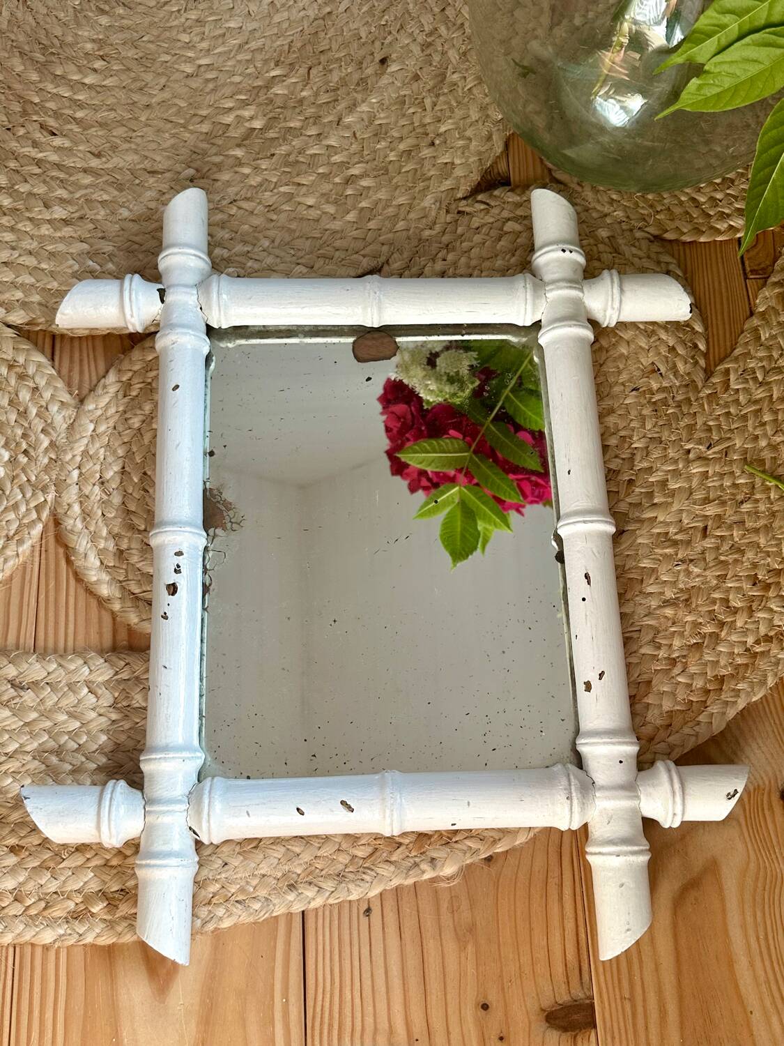 Ancien miroir en bois forme bambou