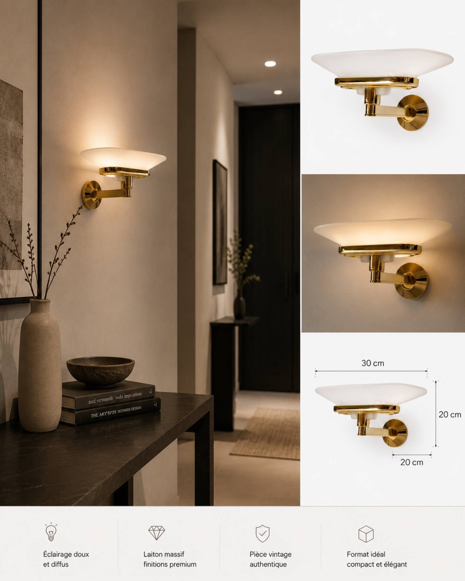 Jill Wall Light – Italian Design Arteluce 1980 – Brass & Opaline Glass