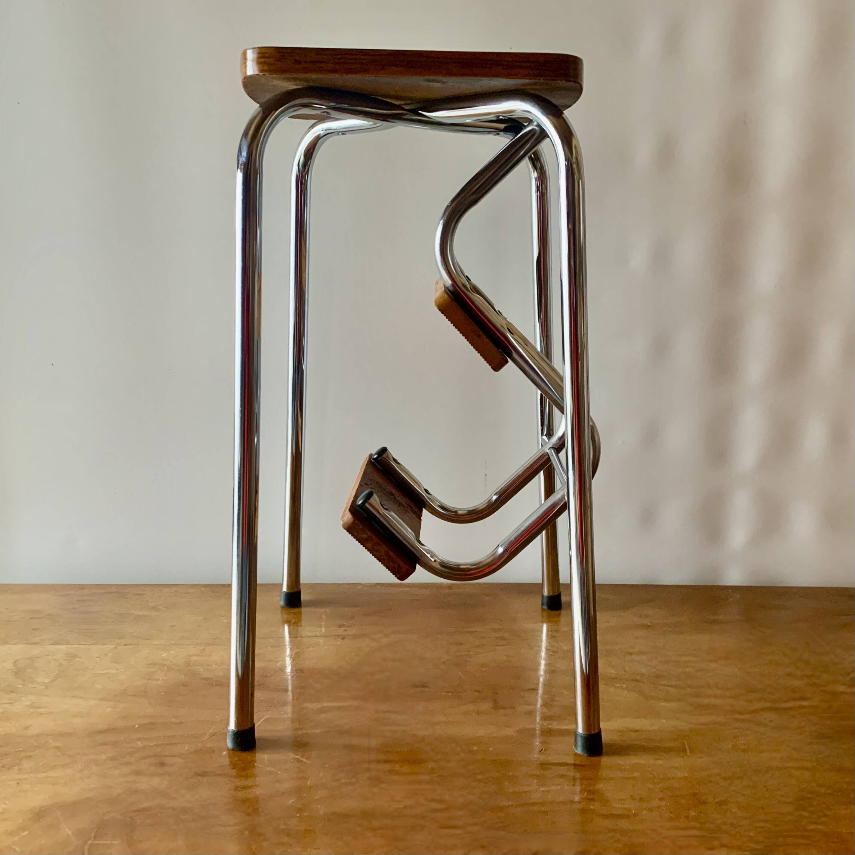 Vintage step stool in brown formica and chrome steel