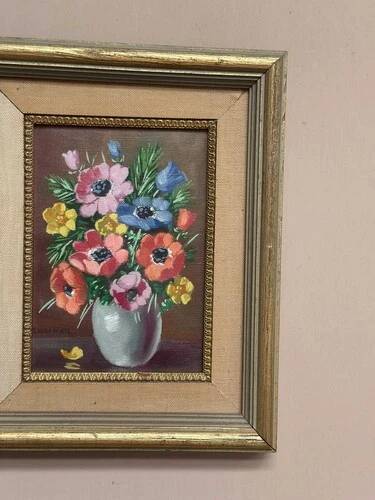 Oil on Canvas Laid on Panel “ Vase” by Sascher, Vintage & Framed 22×27cm