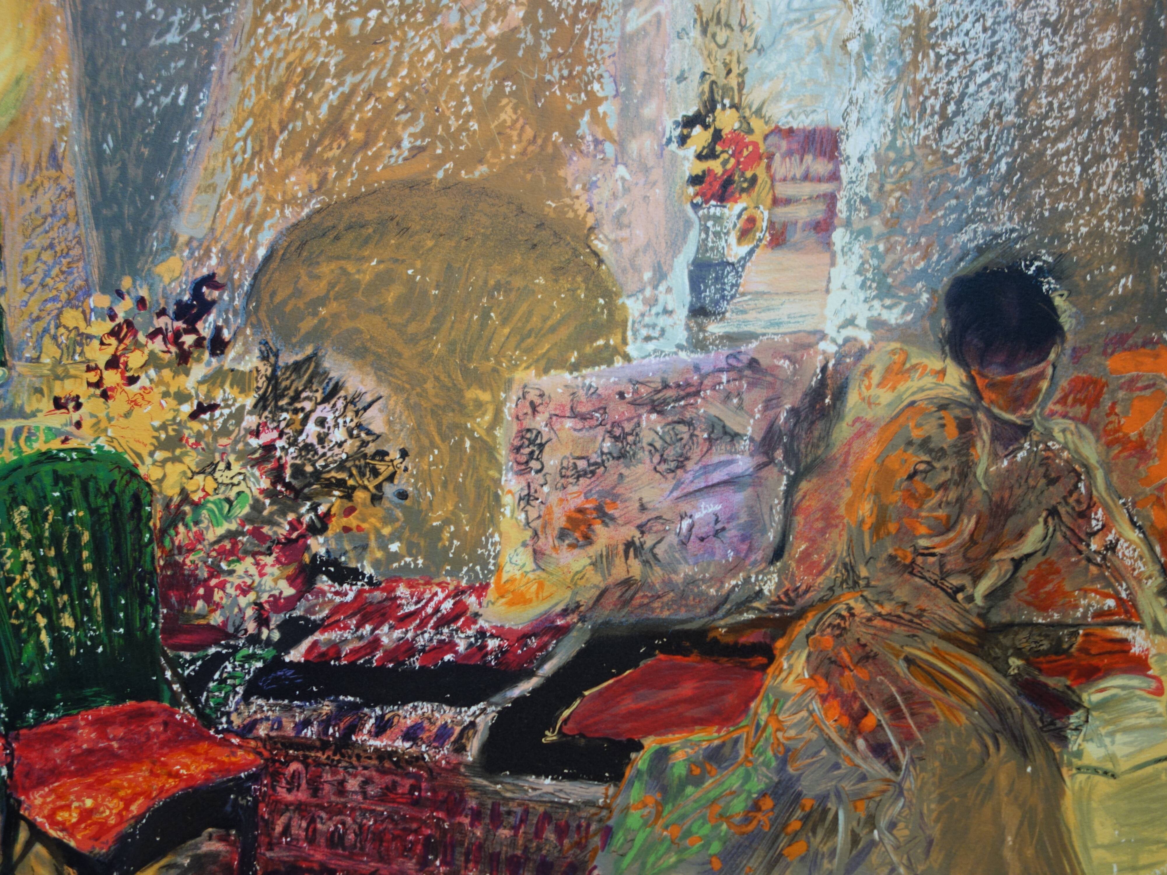 Yvonne CHEFFER DELOUIS: Reading in the Salon, Original signed lithograph