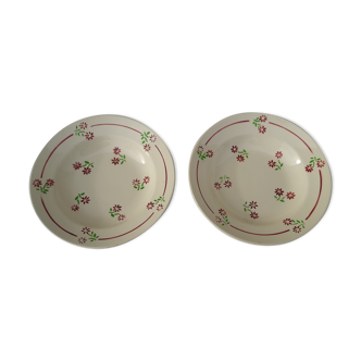 2 hollow plates in semi porcelain of Badonviller pattern red flowers