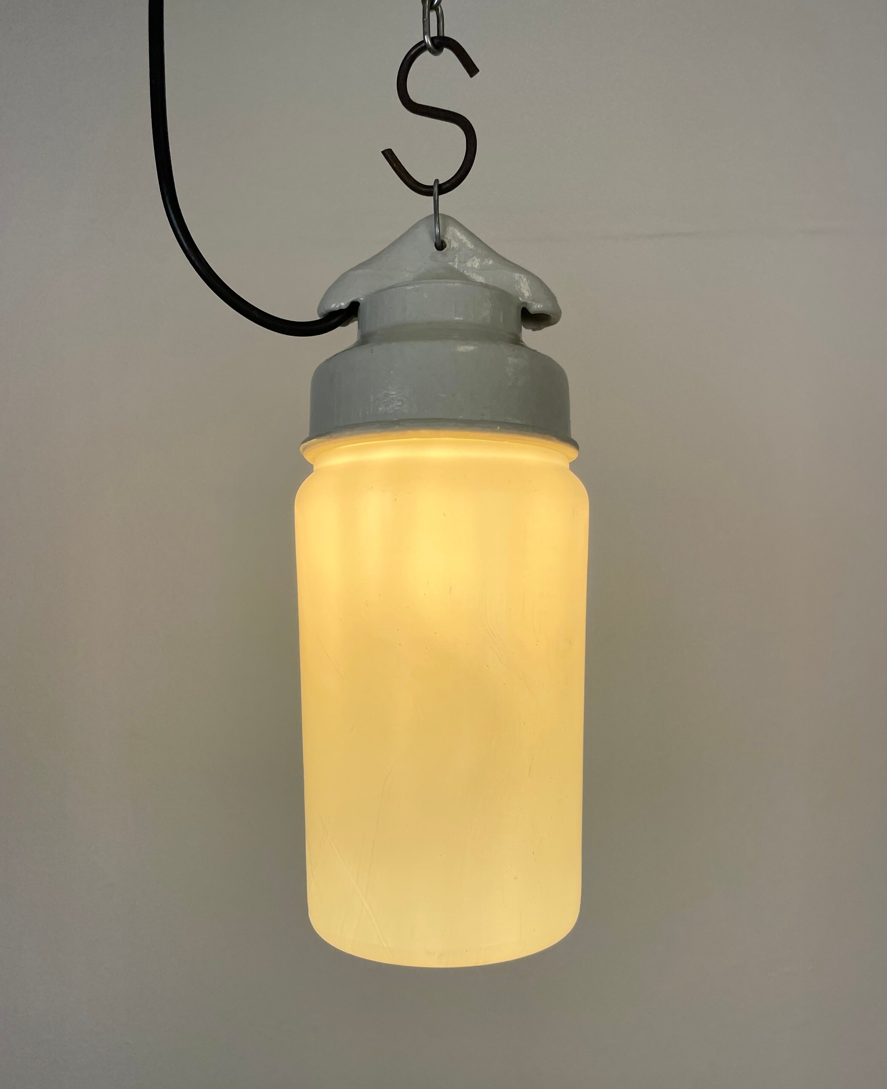 Industrial White Porcelain Pendant Light with Milk Glass, 1970s