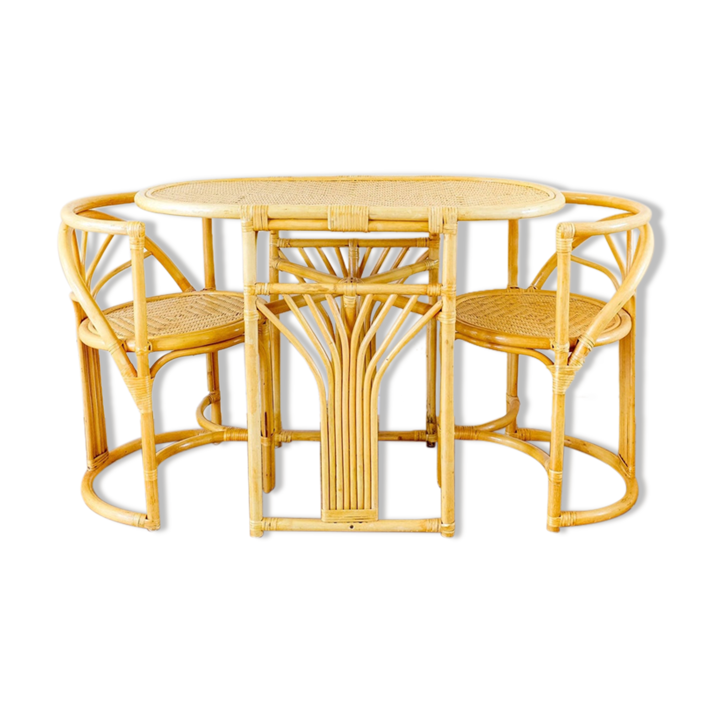 Bamboo Bistro Set / Table and Chairs Dining Set / Outdoor Cane Wicker, Mid Century Patio Furniture