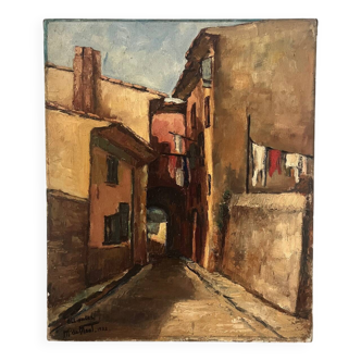 Street scene, Ollioules Provence, oil on canvas signed M de Mont, 1932