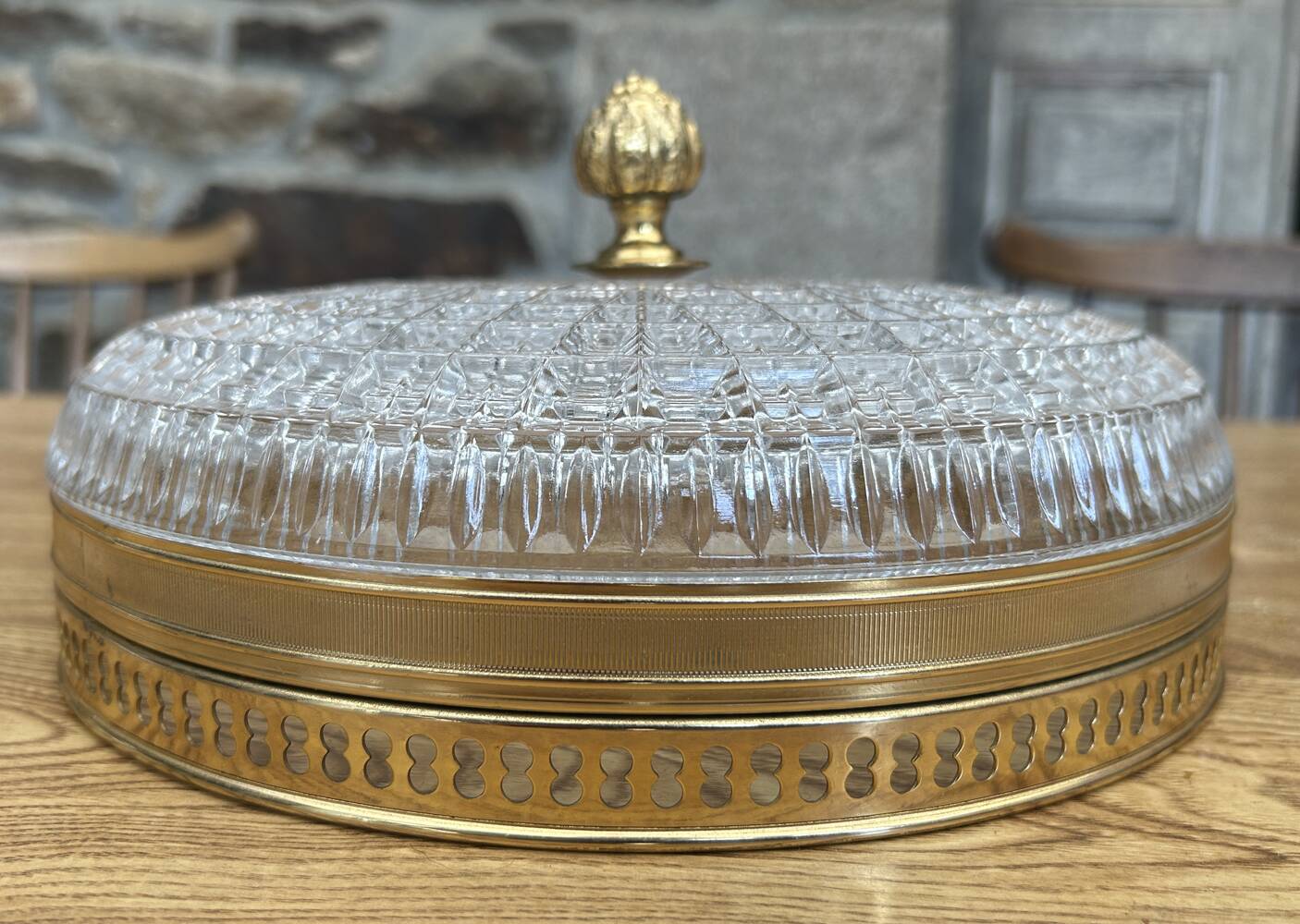 Lucien Gau ceiling light, crystal and old gold brass, vintage