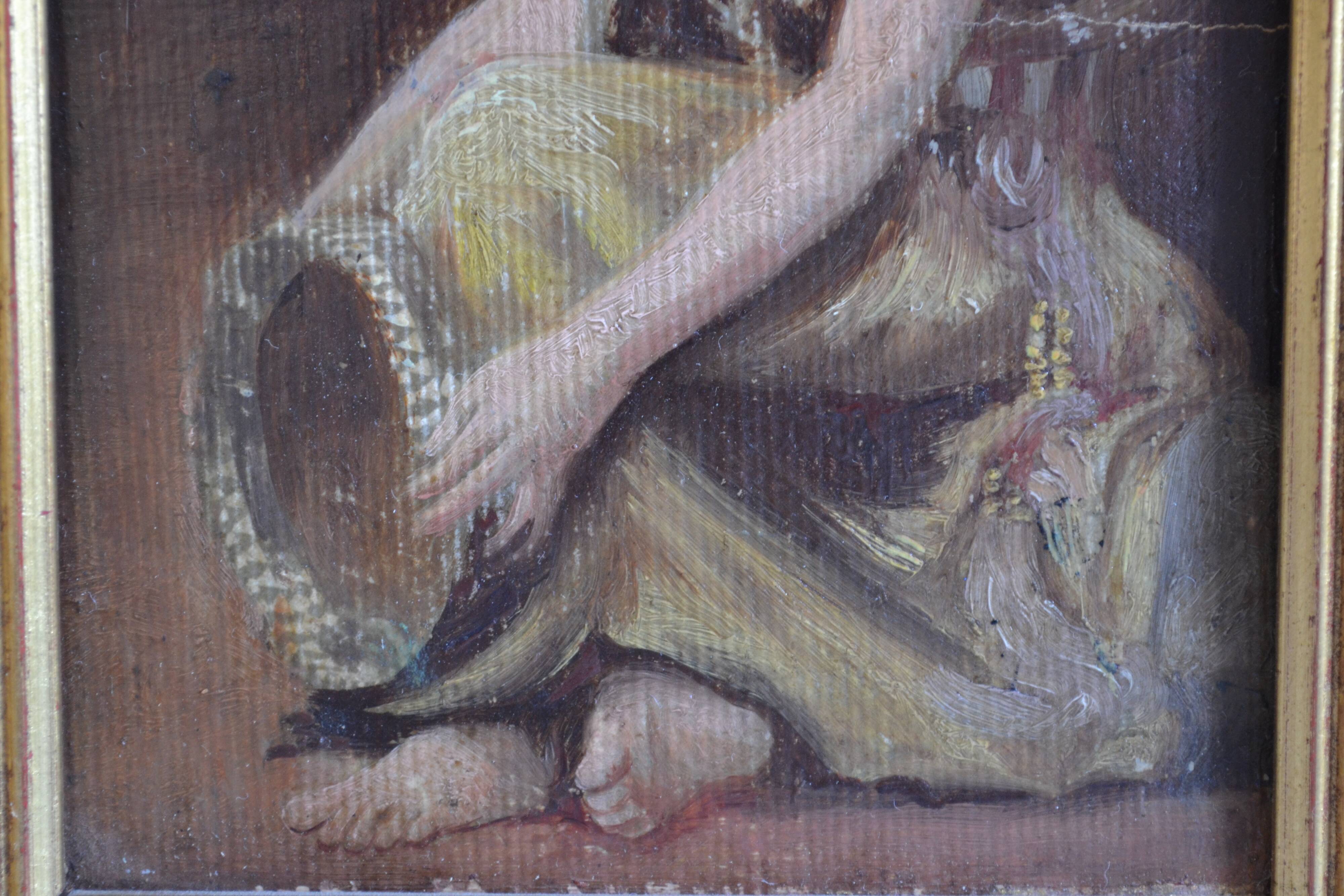 Young girl with tambourine Provence old painting HSP