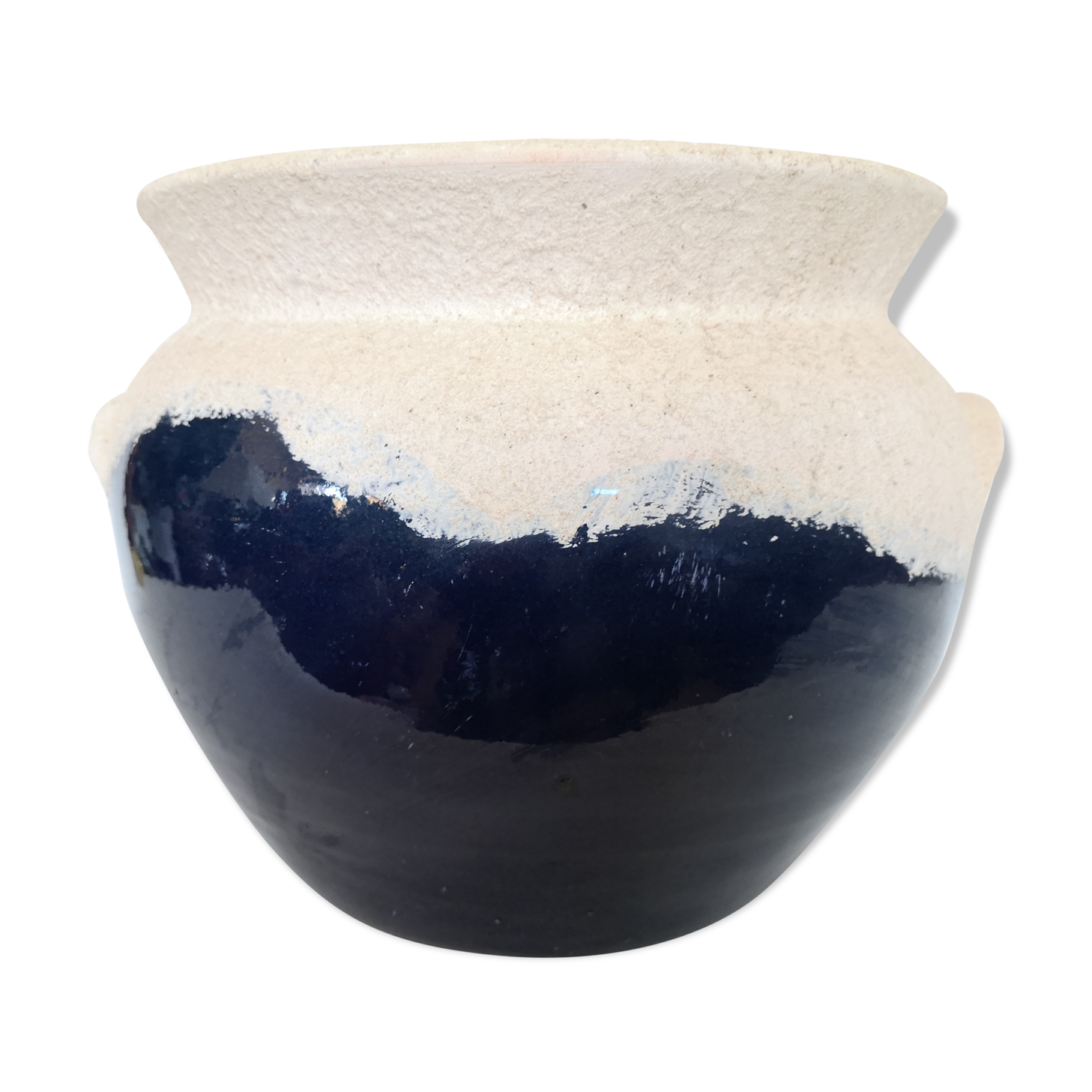 Blue enamelled terracotta pot