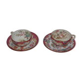 2 tasses et sous tasses xix ème , porcelaine de sarreguemines , décor " minton " cachet numéro série