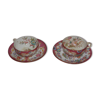 2 tasses et sous tasses xix ème , porcelaine de sarreguemines , décor " minton " cachet numéro série