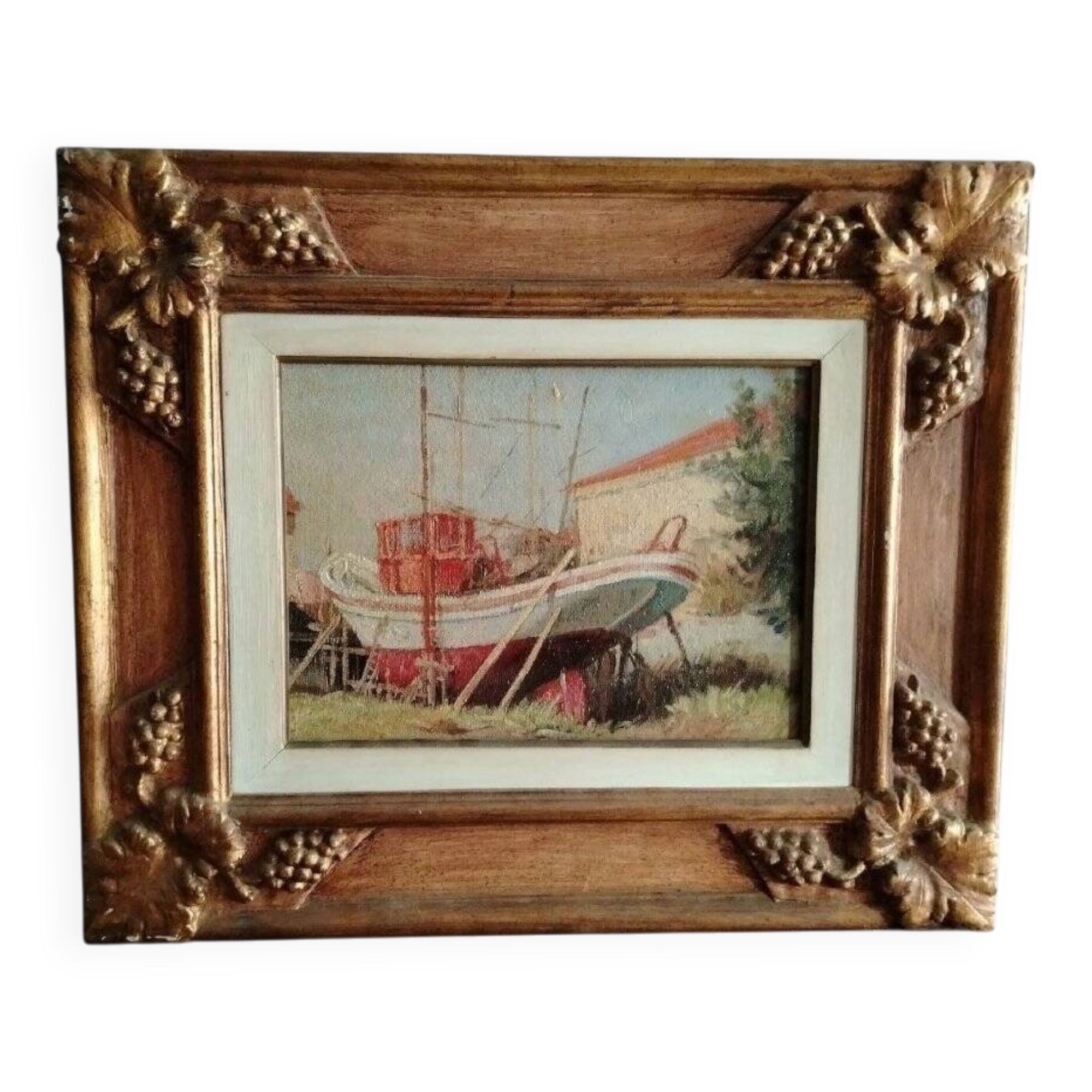 Marine Painting in Oil on Masonite, First Half of the 20th Century, Signed, Gilded Wooden Frame