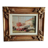 Marine Painting in Oil on Masonite, First Half of the 20th Century, Signed, Gilded Wooden Frame