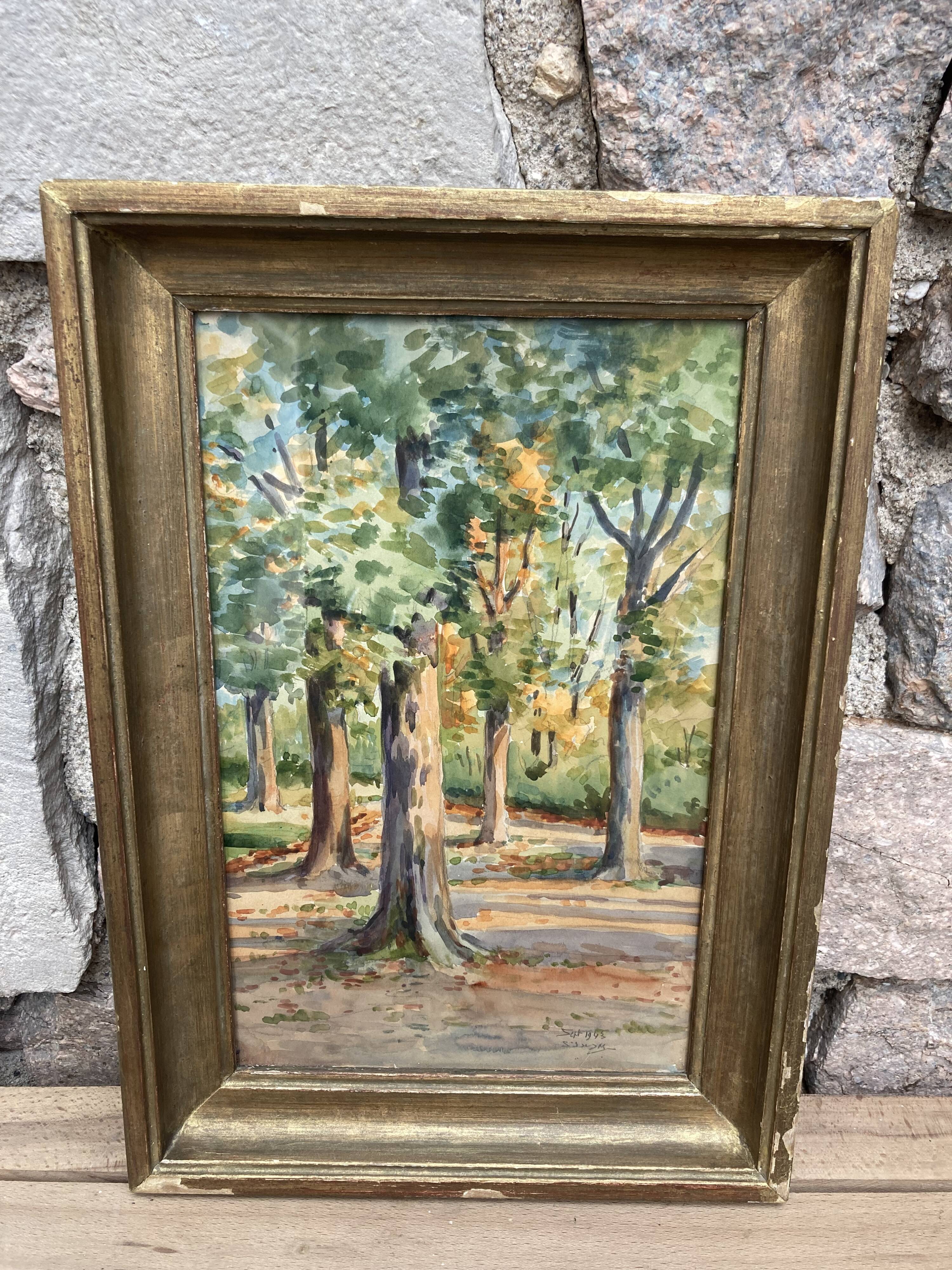 Framed watercolor trees in autumn dated 1943
