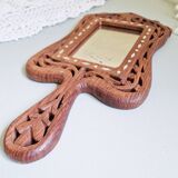 Miroir à main vintage en bois sculpté artisanal et incrustations os
