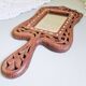 Vintage hand mirror in hand carved wood and bone inlay