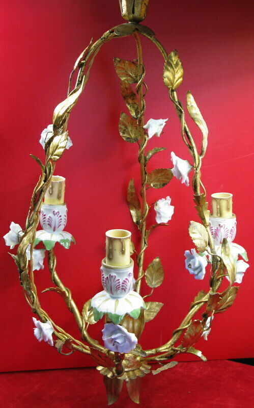 Golden cage iron chandelier 3 leafy arms of light adorned with porcelain flowers