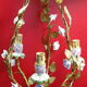 Golden cage iron chandelier 3 leafy arms of light adorned with porcelain flowers