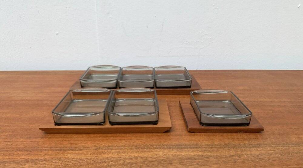 Danish mid-century teak plateau with Holmegaard glass serving trays, 1960s, set of 9.