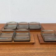 Danish mid-century teak plateau with Holmegaard glass serving trays, 1960s, set of 9.