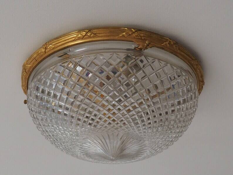 Bronze Cut Glass Ceiling Light: Mid-Century French Louis XVI Ceiling Lamp
