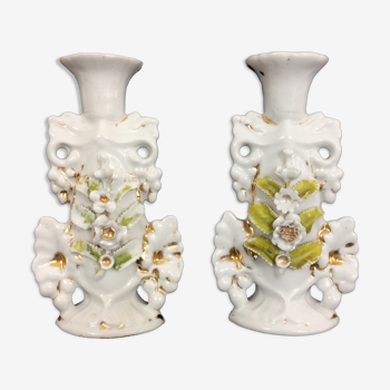 Pair of vintage floral candlesticks in white porcelain. Capodimonte Style.Year 50