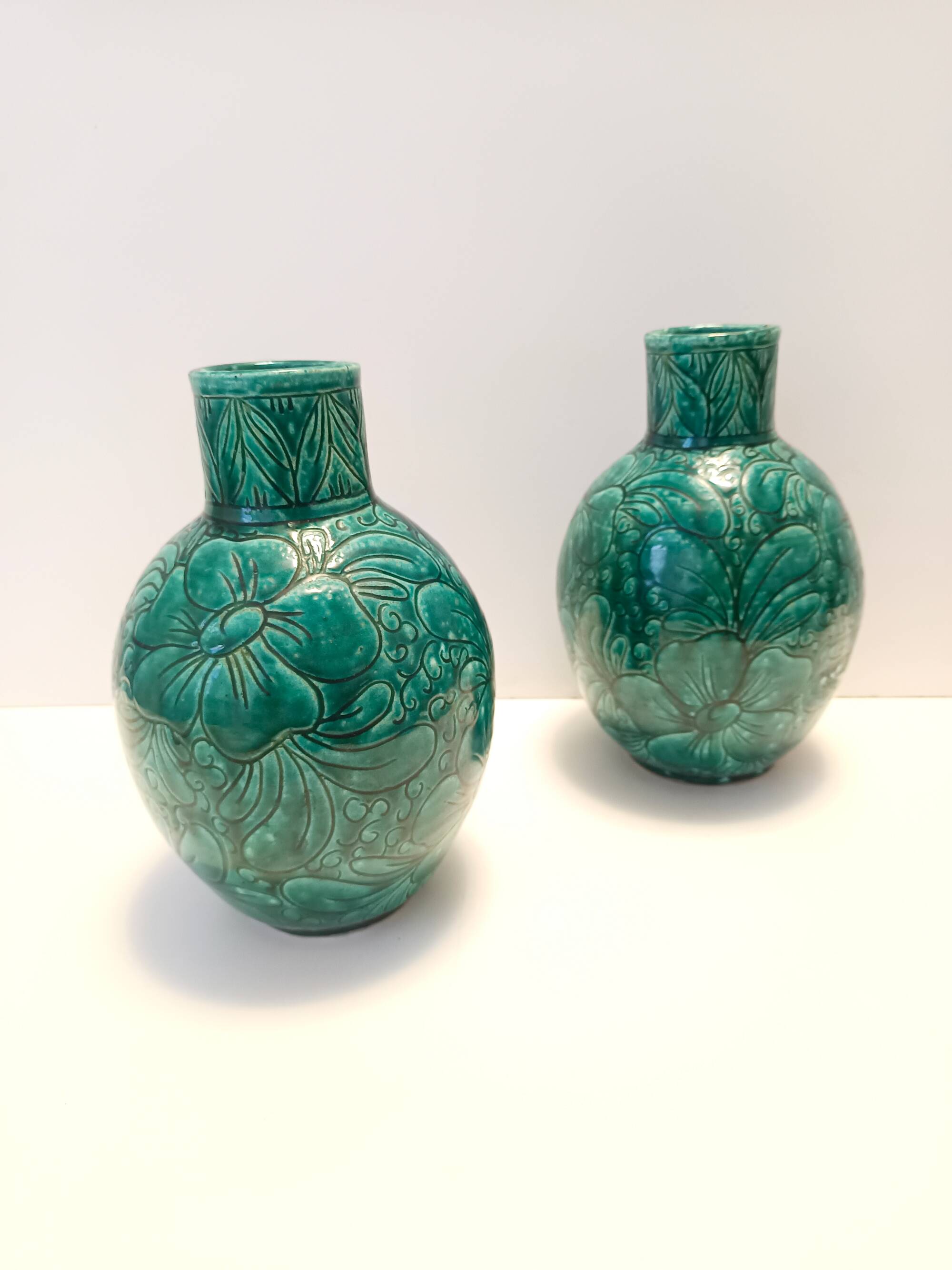 Pair of Handcrafted Green Ceramic Vases by Fanciullacci, Italy