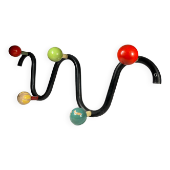 Coat rack in black lacquered metal and colored wooden balls