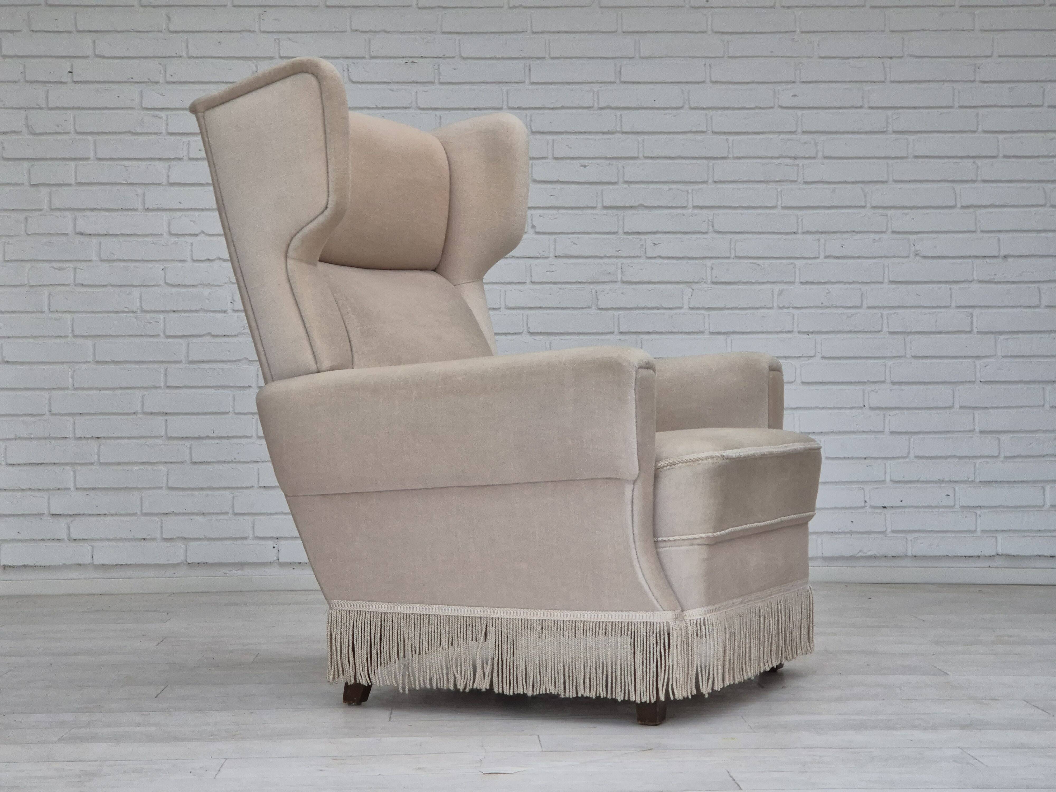 1970s, Danish wingback armchair, original condition, furniture velour, ash wood.