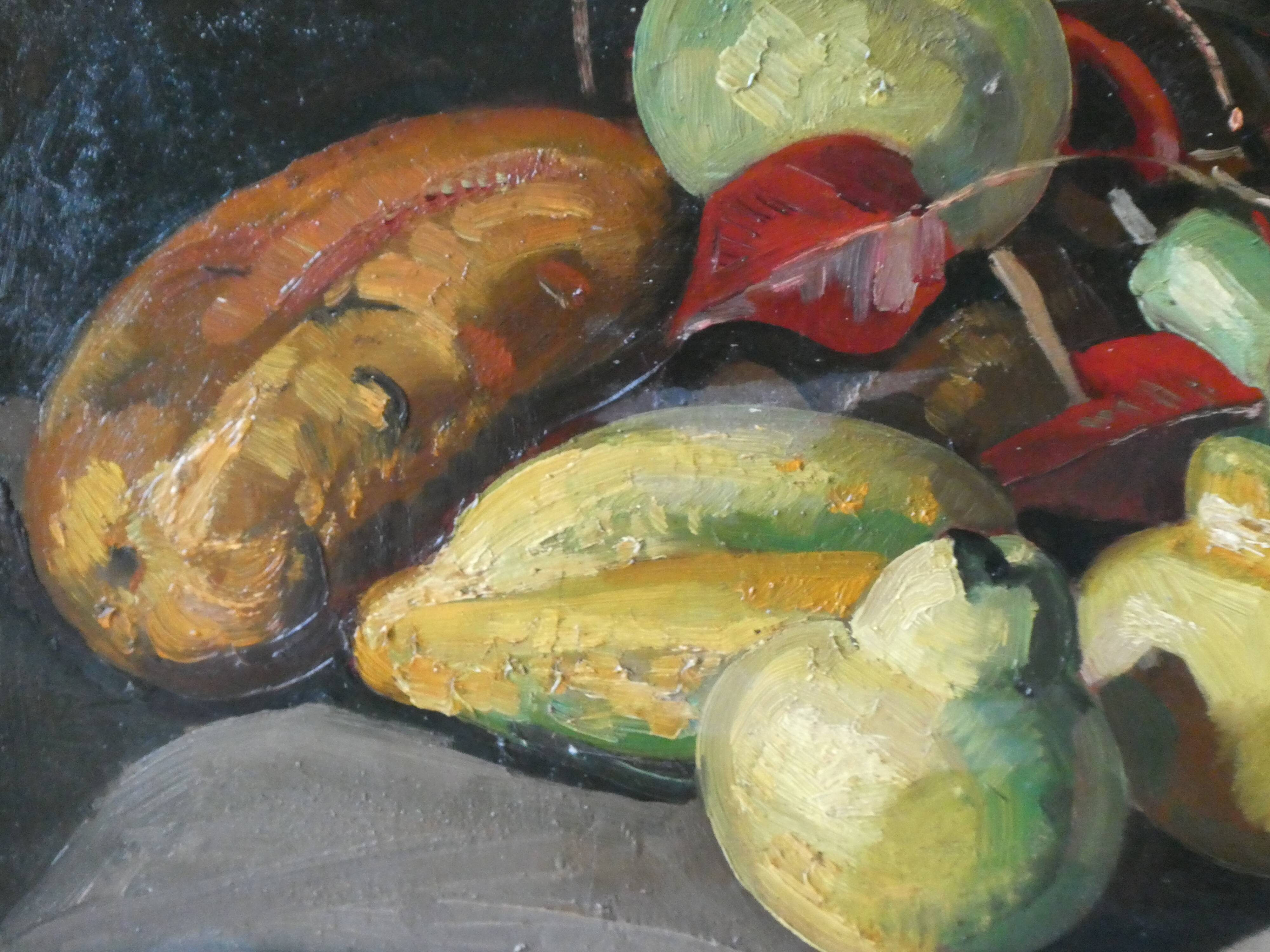 Oil on panel, still life with fruit, signed, 1930s