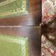 English Regency coffee table, mahogany & green stamped leather with gold.