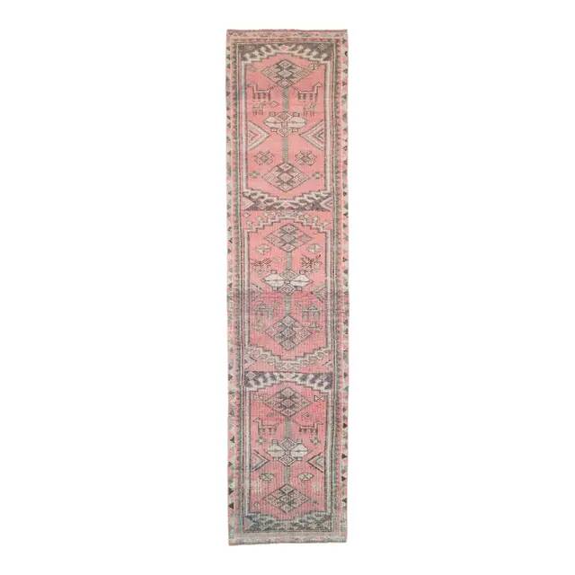 Vintage Turkish Oushak handmade wool cotton pink runner rug 84x379