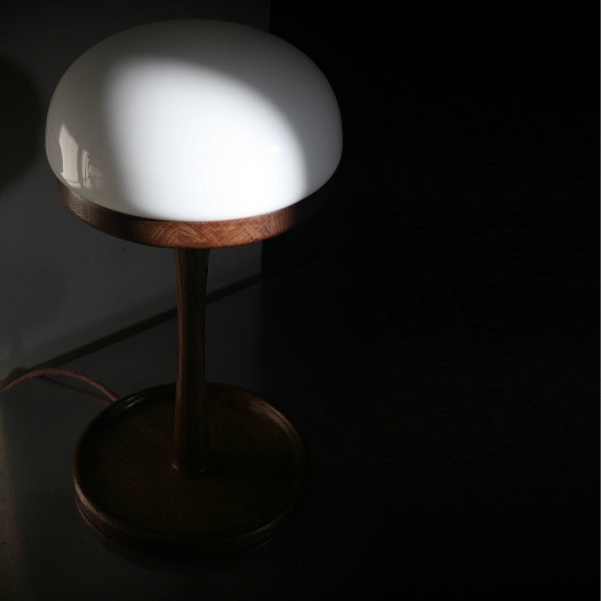 Solid oak lamp and opaline globe