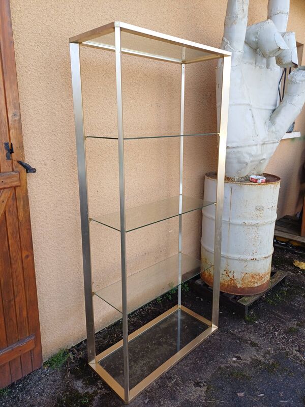 Meuble étagére Vintage Aluminium doré et Verre
