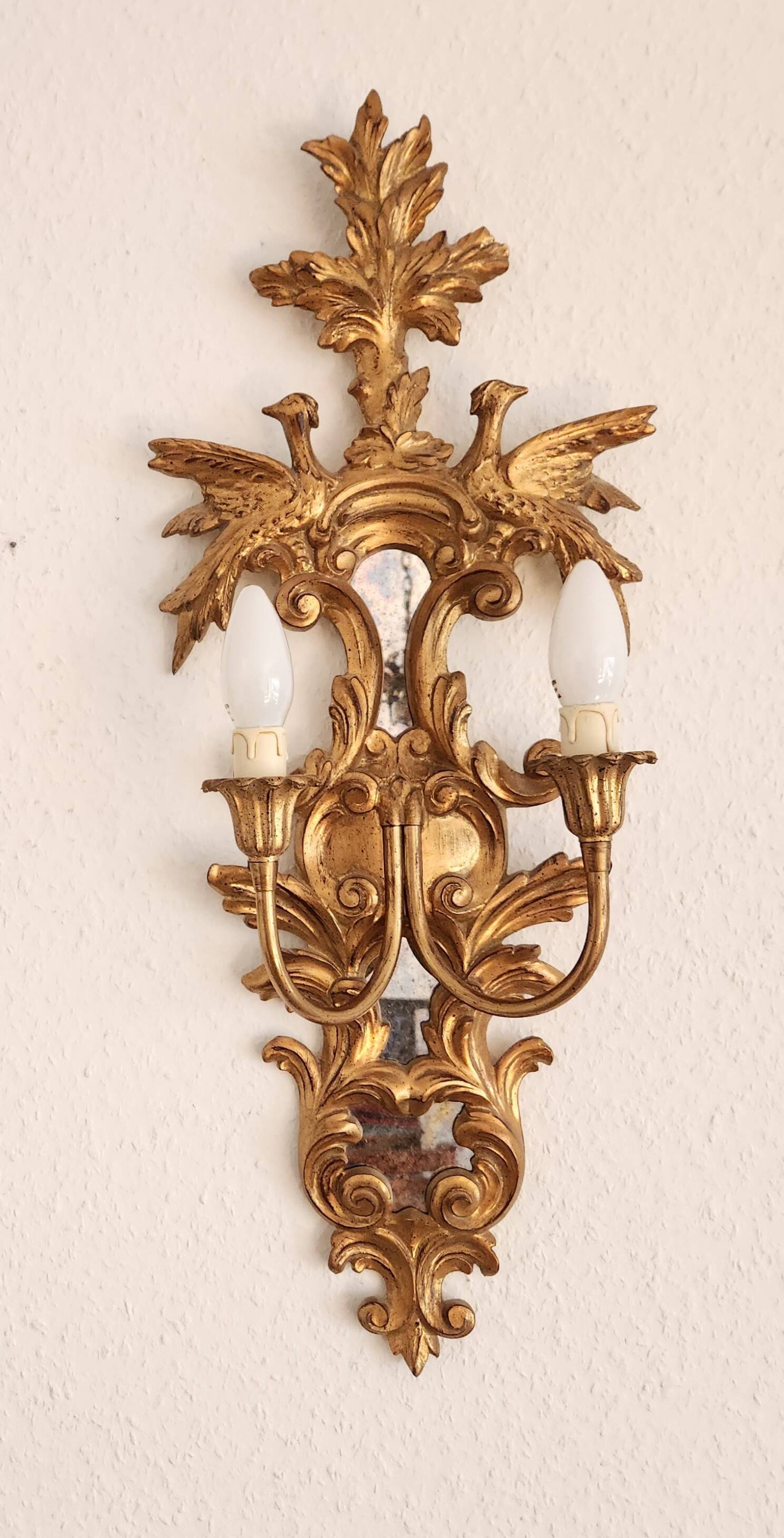 Louis XVI wall lamps Rocaille gilded carved wood antique mirror glass