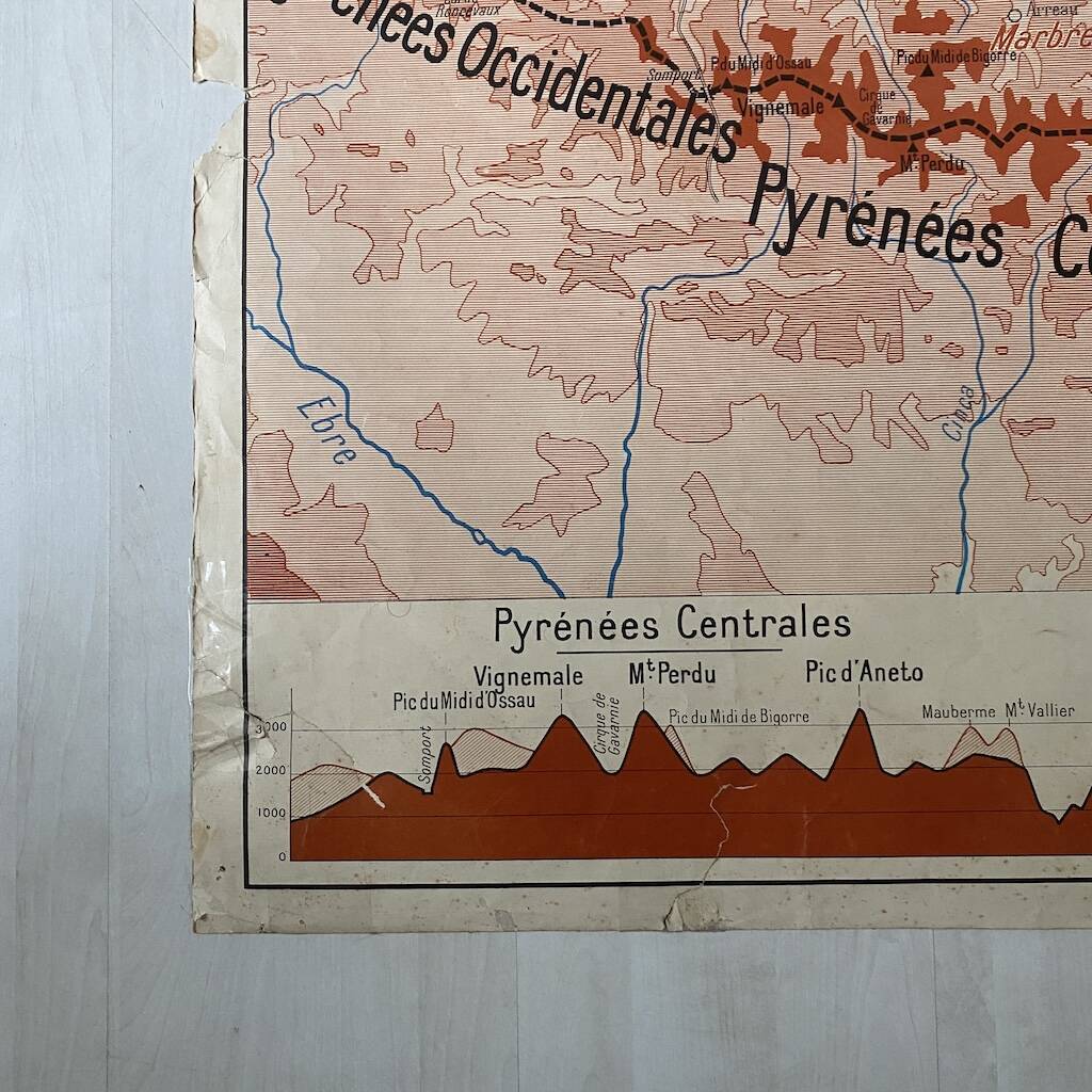 Vintage school map 1950 double-sided "The Alps / The Pyrenees"