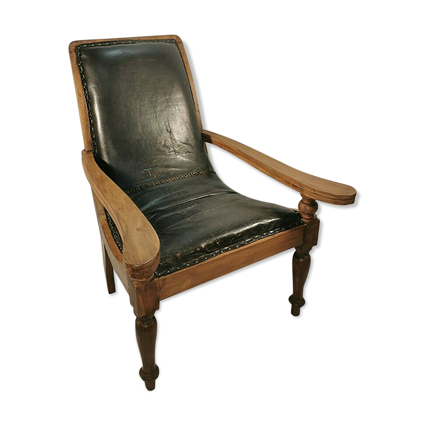 Antique 19th Century Restored British Colonial Plantation Chair Leather Seat