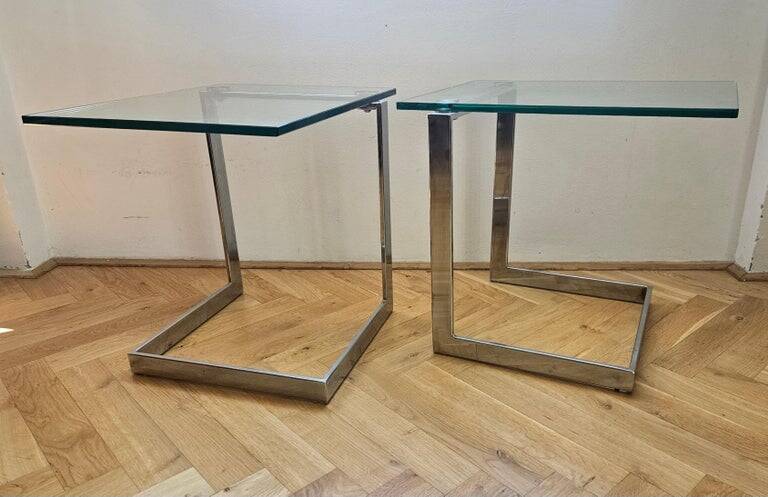 Pair of Midcentury Cantilevered Glass & Chrome Coffee Tables GEBRA, 1980s