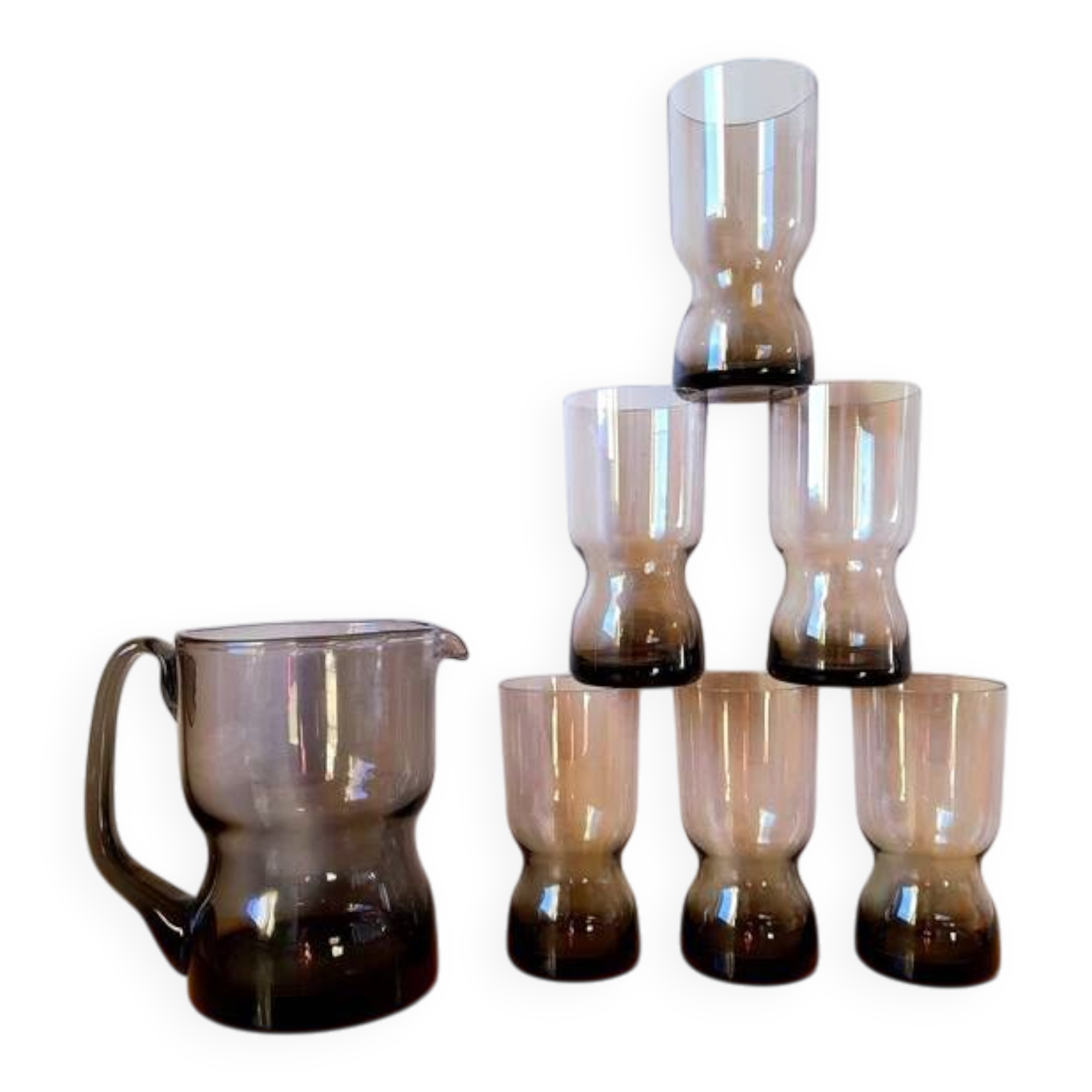 Service en verre fumé, verre et carafe 1970