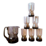 Service en verre fumé, verre et carafe 1970