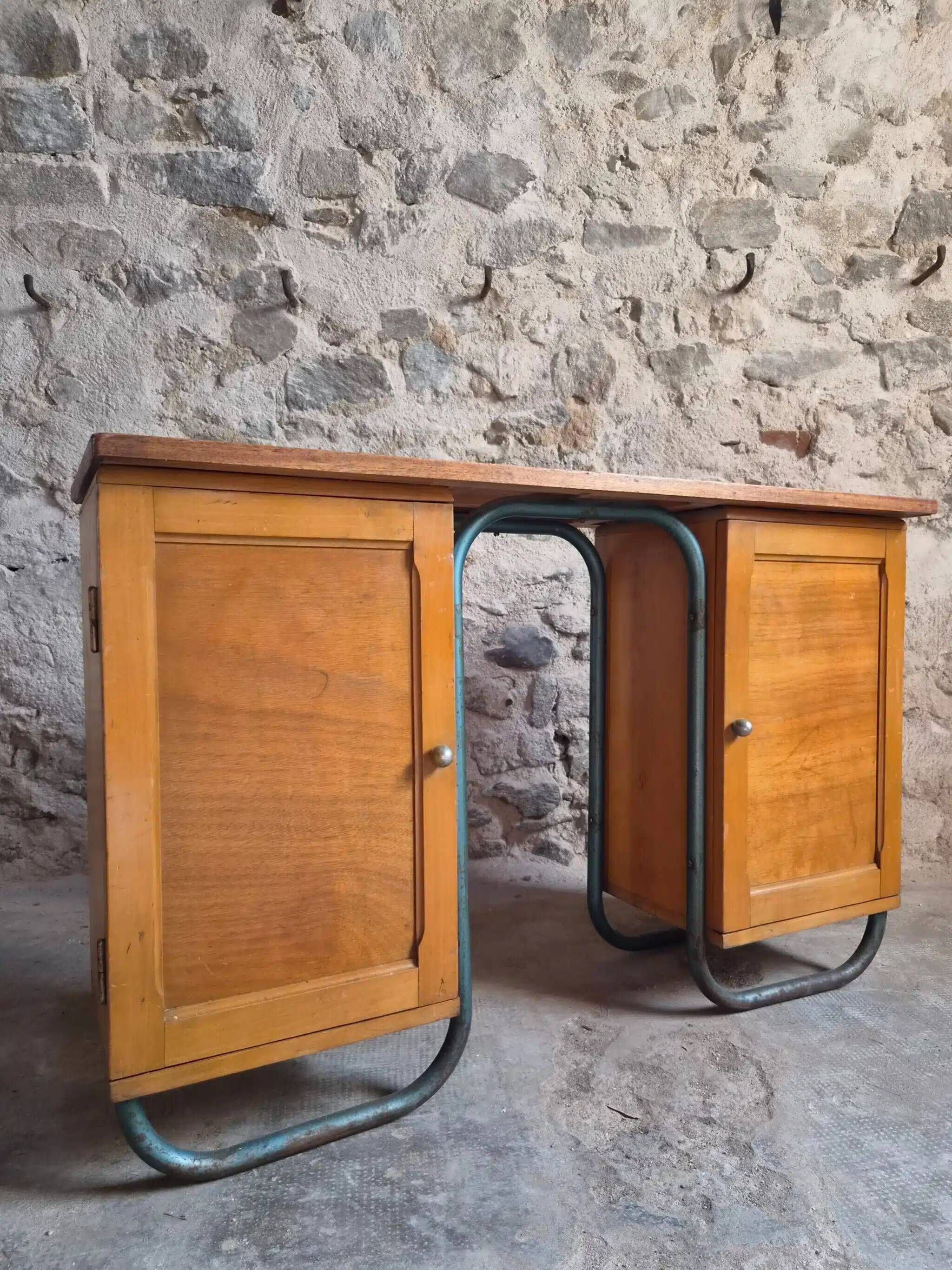 Bureau d'écriture moderniste français en hêtre et acier tubulaire, années 1930