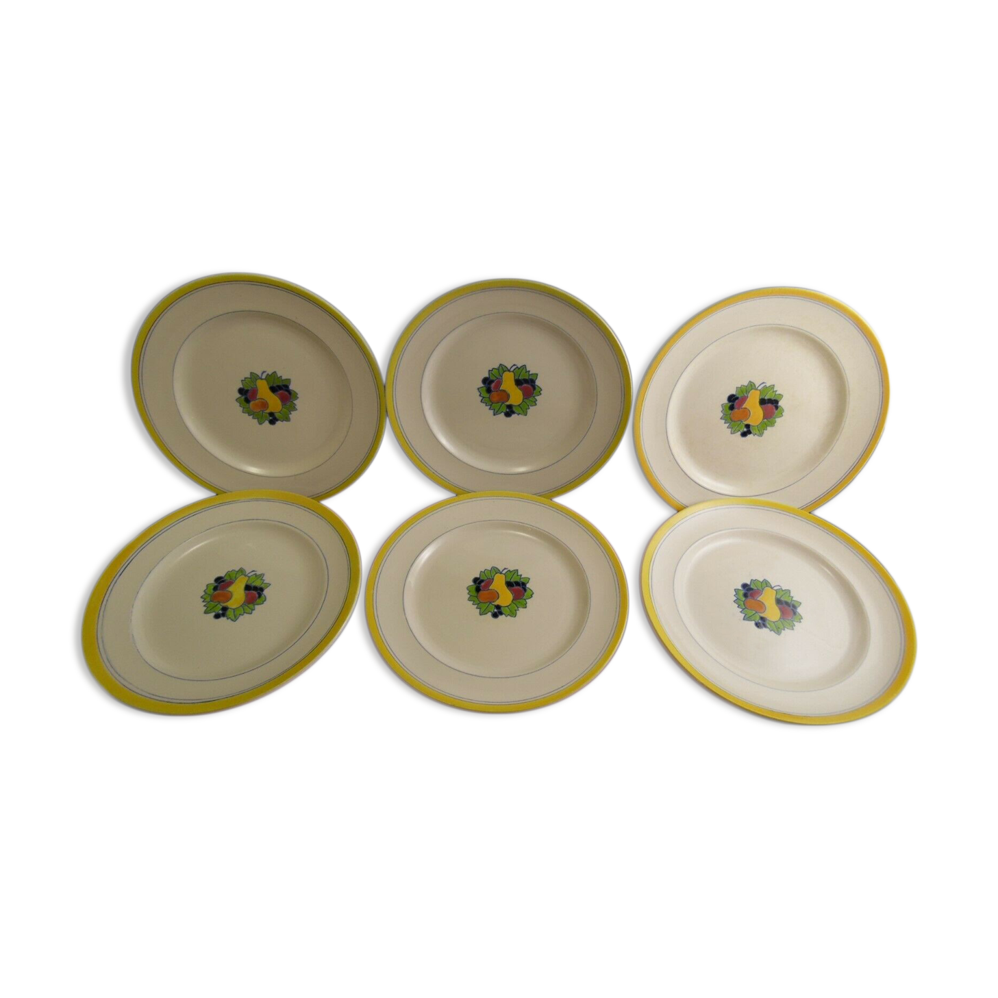 Service 6 flat plates faience Boch La Louvière enamels decoration fruits Art Deco