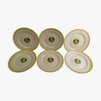 Service 6 flat plates faience Boch La Louvière enamels decoration fruits Art Deco