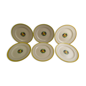 Service 6 assiettes plates faience Boch La Louvière émaux décor fruits Art Déco