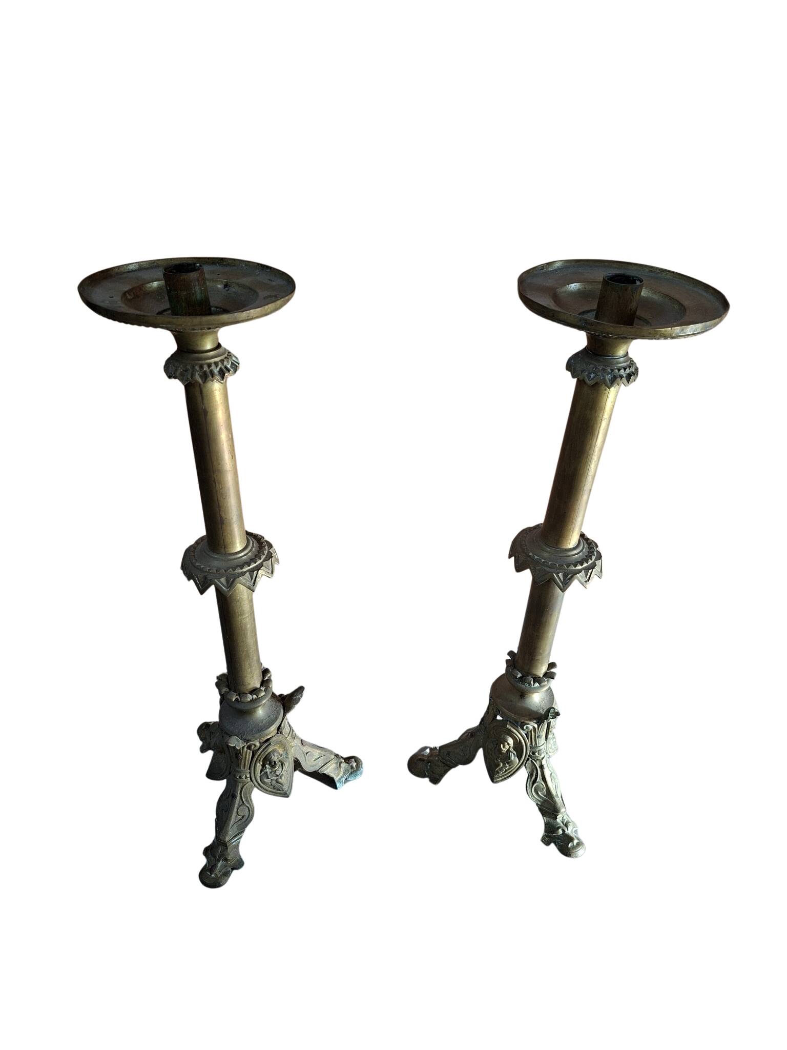Coppia Candelabri d'Altare Antichi in BRONZO Stile Neogotico H 60 cm