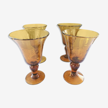 Biot engraved amber and bubbled water glasses, 70s