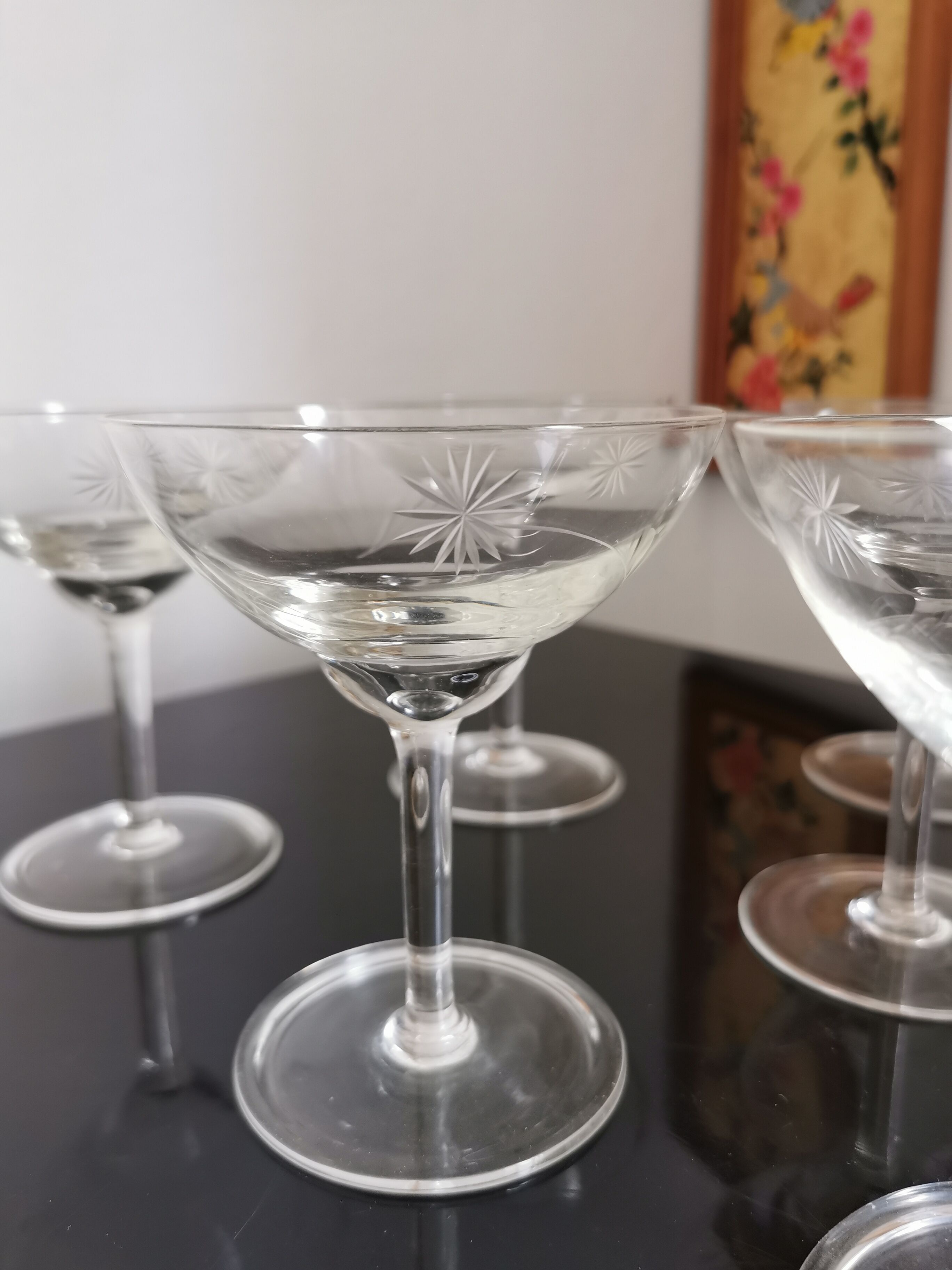 6 vintage crystal champagne glasses
