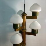 Midcentury Scandinavian wood and opaline glass hanging pendant