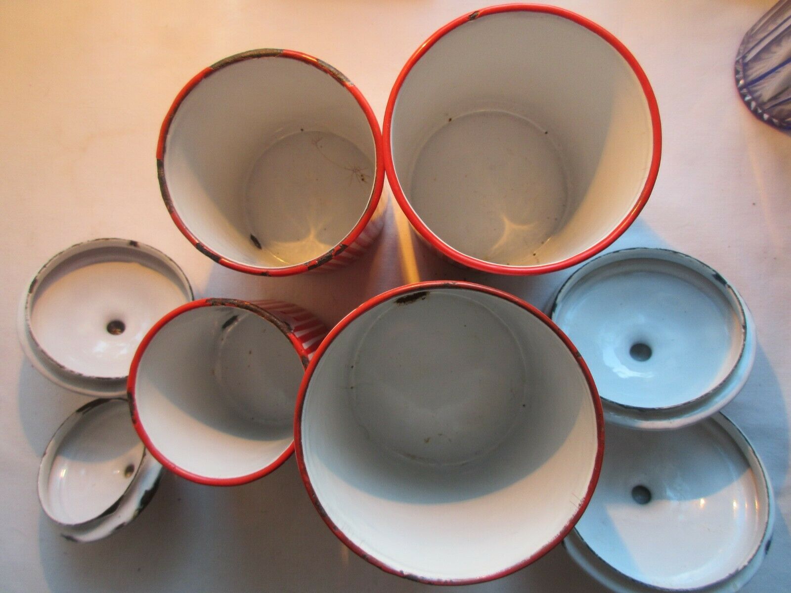 4 spice pots, Art Deco, enamelled sheet metal as coffee maker, signed BB